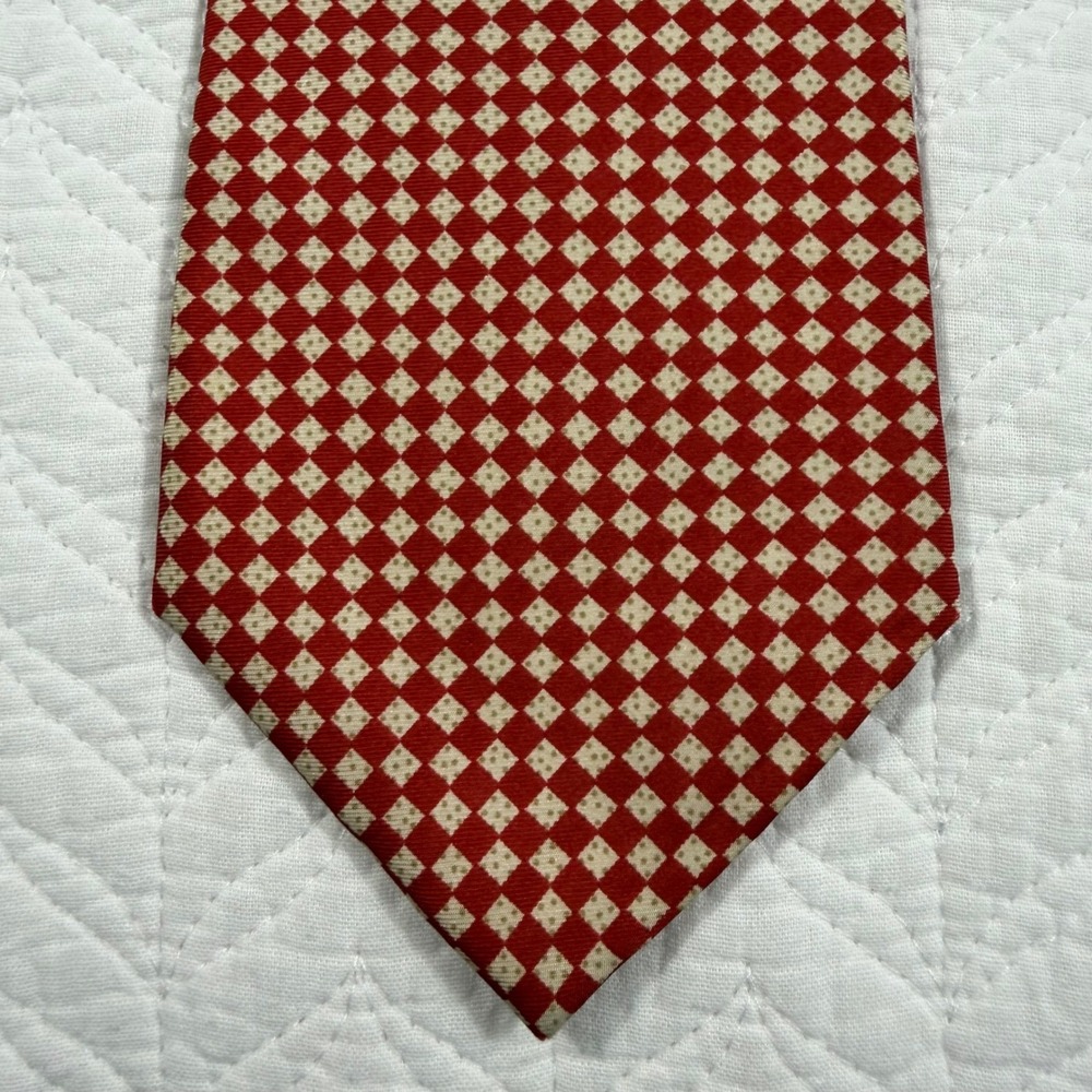 Hugo Boss 100%‎ Silk Red Tan Diamond Pattern Men Tie Designer Geo Made in Italy